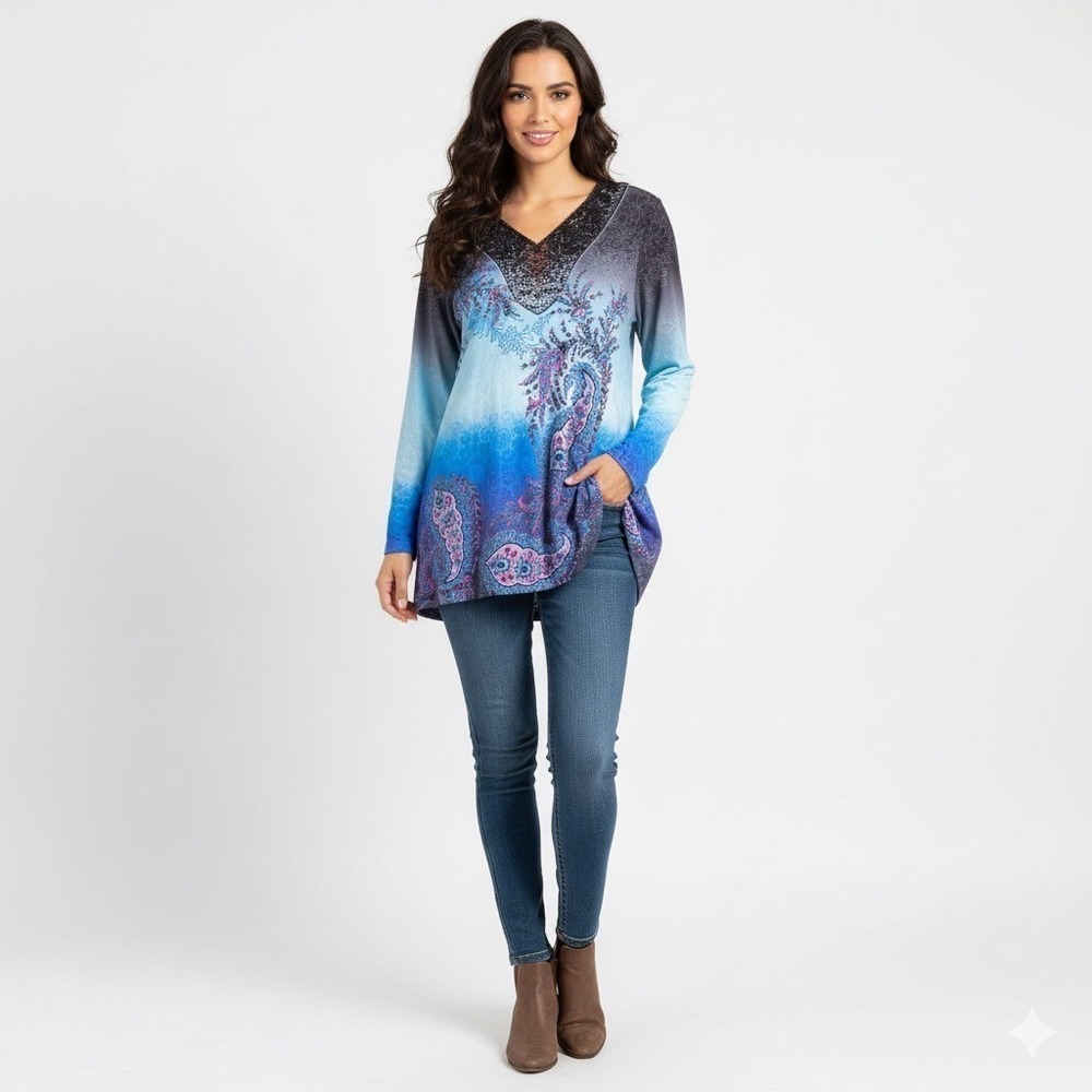 Catherines Womens Size 0X Multicolor Paisley Shirt Embellished V Neck Boho Chic